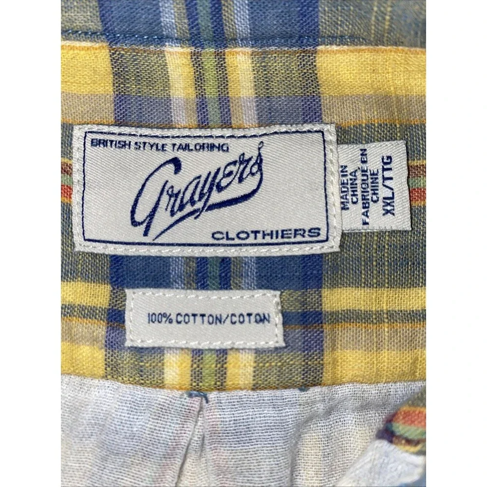 Grayers Clothiers Men's Shirt Size XXL Yellow Blue Plaid Cotton‎ Long Sleeve